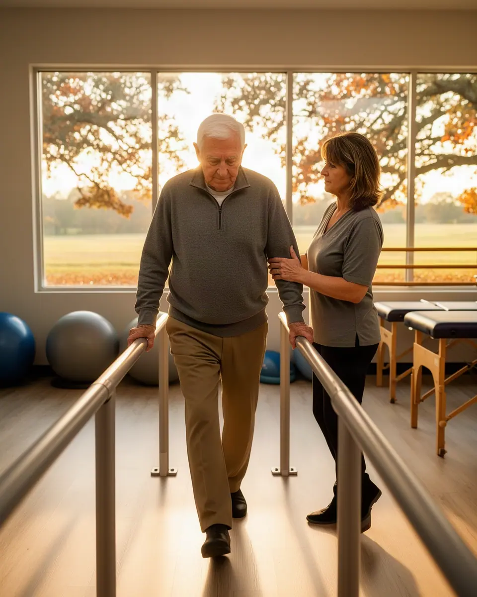 A physical therapist steadying an older man as he walks a balance exercise between padded parallel bars in a bright clinic.