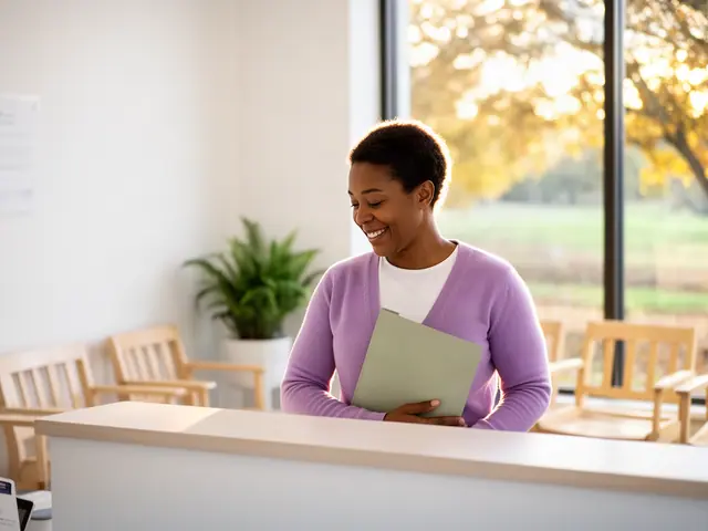 A clinic office manager holding a folder behind a reception counter.