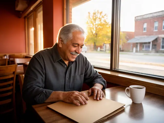 A restaurant owner seated with a folder in an empty dining room before opening.